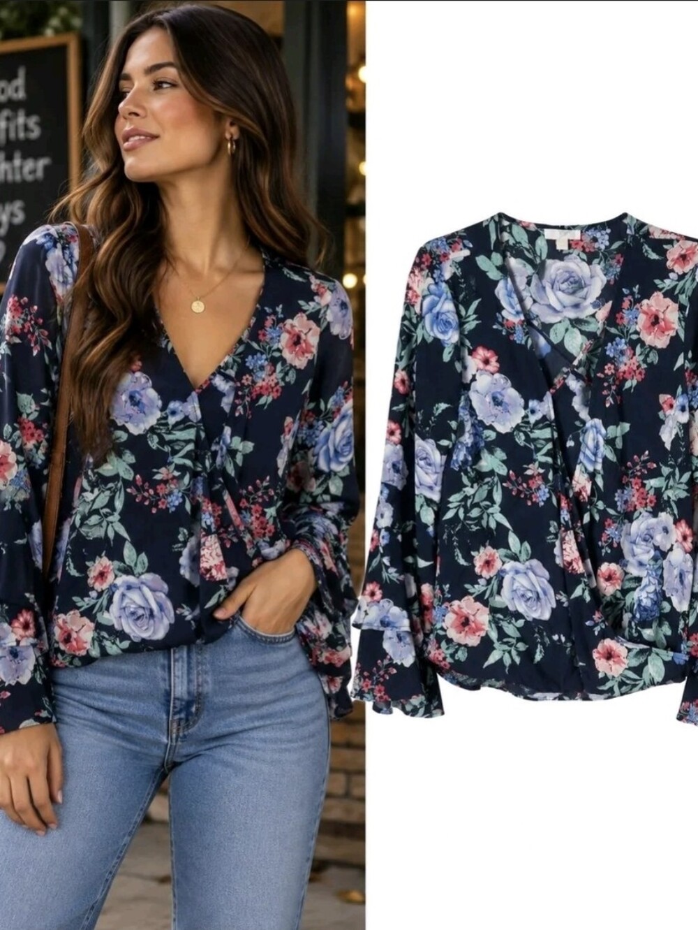 Charming Charlie - Floral V-Neck Blouse Blue & Pink